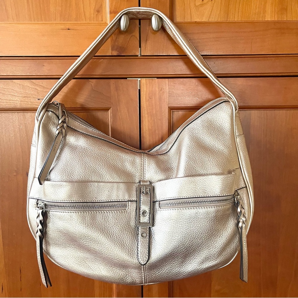B.Makowsky Genuine Leather Hobo Style Shoulder Bag In Champagne Color - Picture 2 of 11